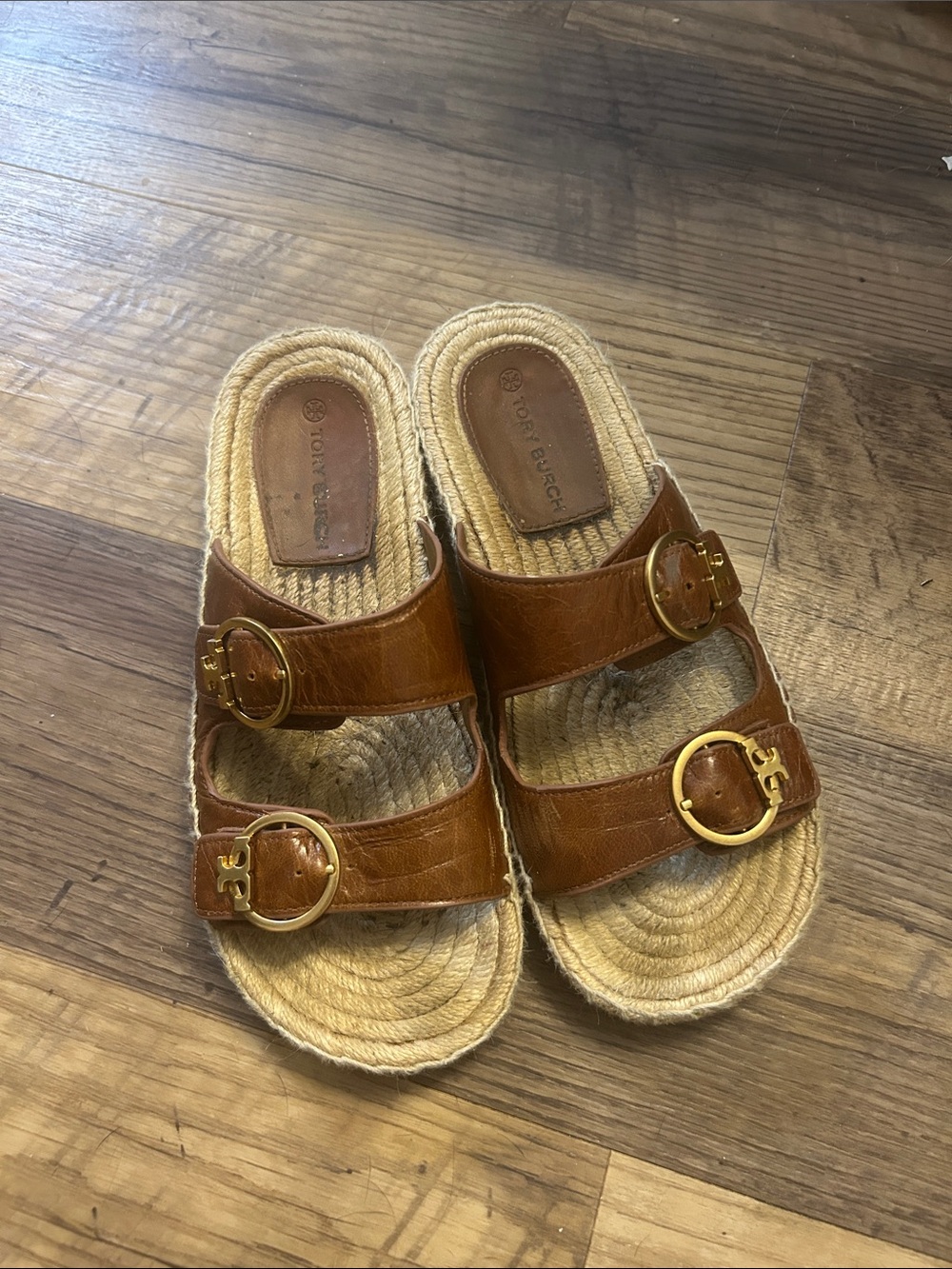 Tory Burch Tan Leather Double-Buckle Espadrille Slide Sandals